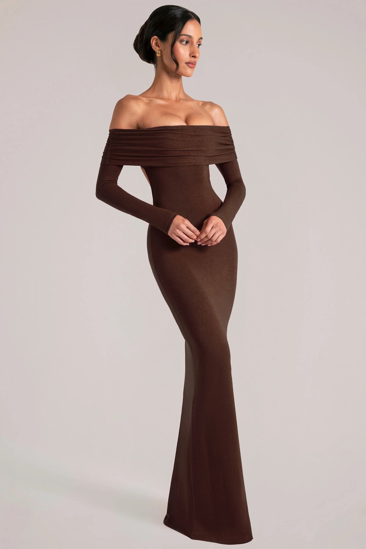 Off-Shoulder Long-Sleeve Maxi Dress In Chocolate Brown