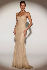 Metallic Lace Godet Fishtail Gown In Gold