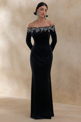 Fern | Black Velvet Embellished Bardot-Neck Maxi Dress