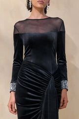 Perrin | Black Velvet Crew-Neck Maxi Dress With Embellished Cuffs