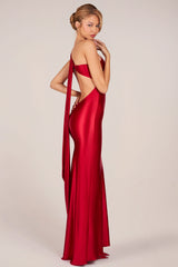 Asymmetric Tie-Back Gown In Cherry