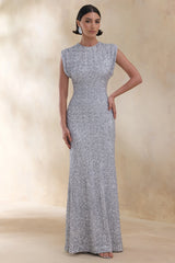 Aurah | Silver Sequin Crew-Neck Maxi Dress With Cap Sleeves