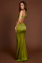 Scoop-Neck Lace-Up Back Maxi Dress In Olive Green