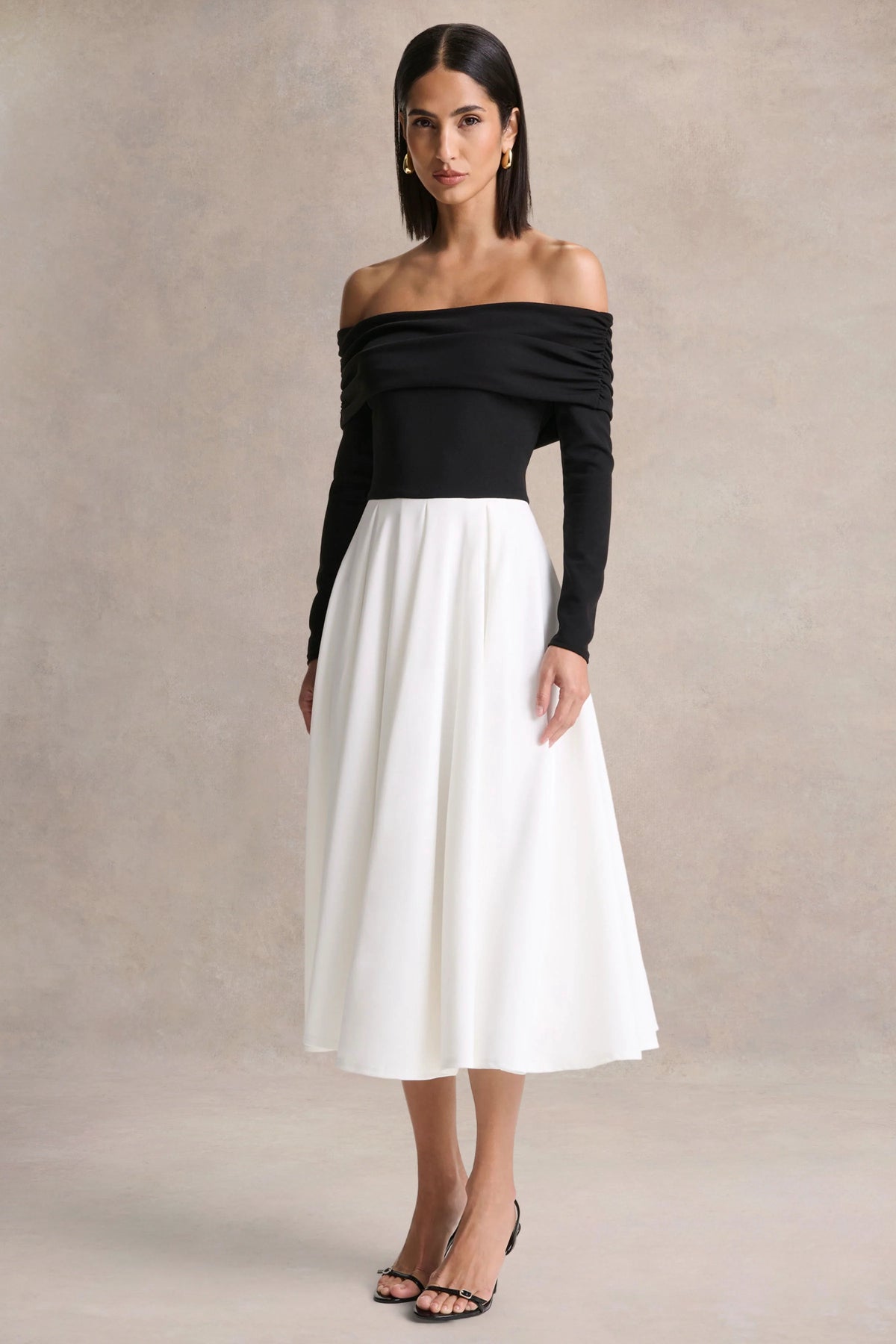 Frederica | Black And White Bardot-Neck Midi Dress