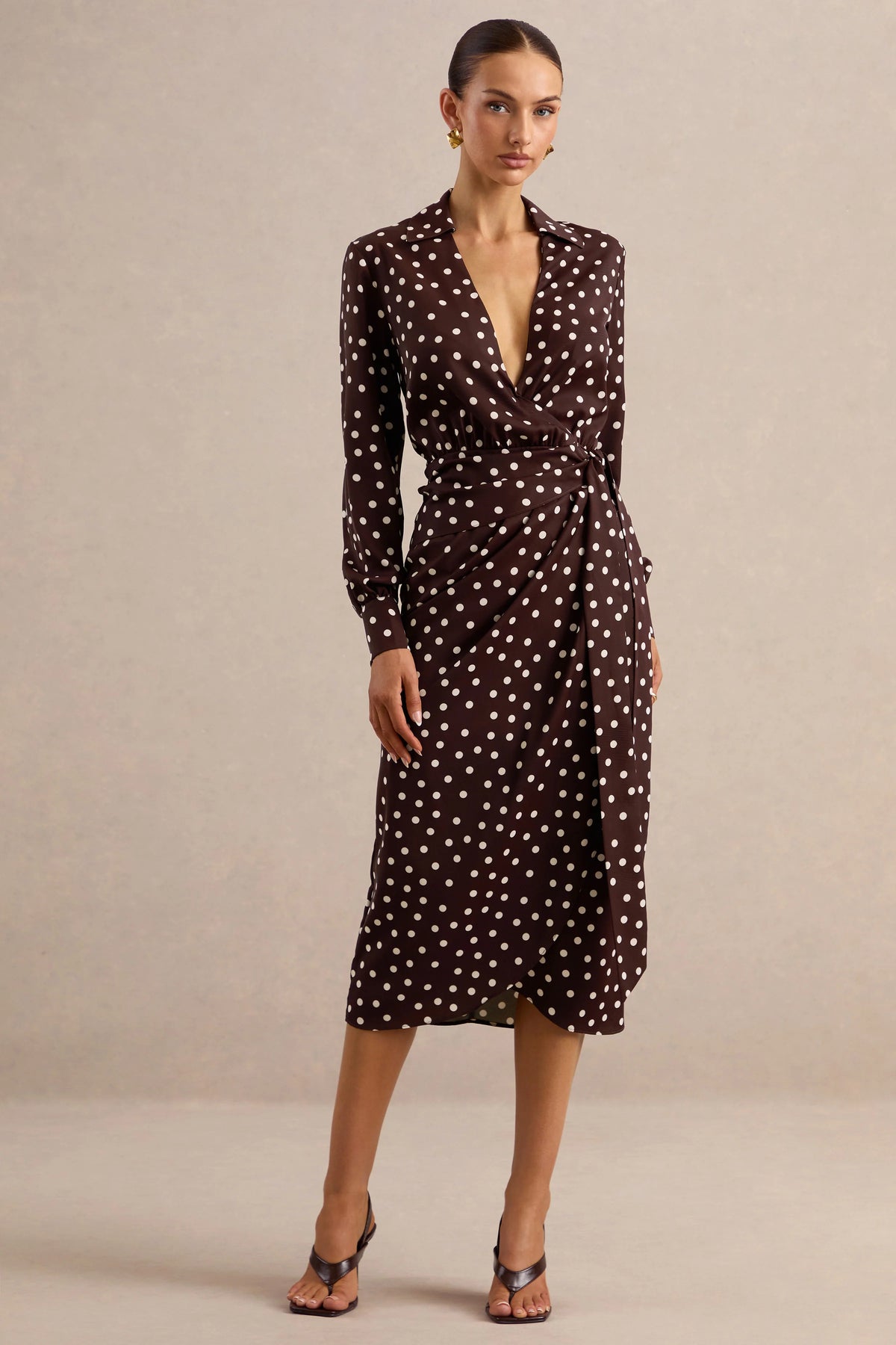 Amarosia | Brown Polka-Dot Wrap Shirt Midi-Dress