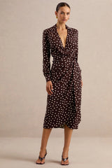 Amarosia | Brown Polka-Dot Wrap Shirt Midi-Dress