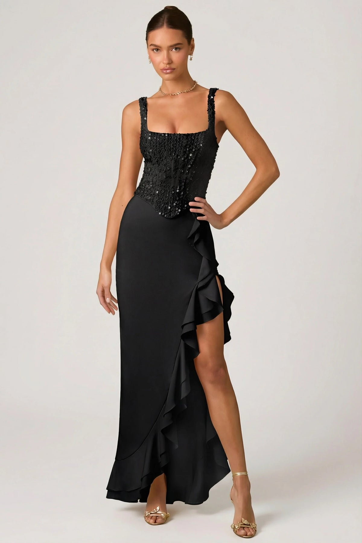 Embellished Ruffle-Trim Corset Gown In Black