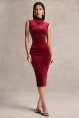 Nivina | Red Velvet High-Neck Midi Dress With Cap-Sleeves