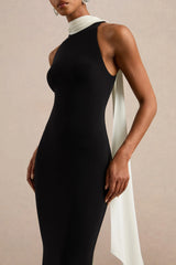 Calise | Black & White High-Neck Maxi Dress With Cape Detail