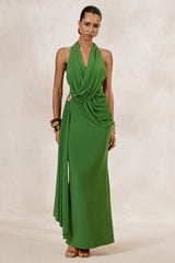 Alisanne | Green Plunge-Neck Maxi Dress With Draped Detailing