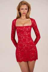 Sheer Scalloped-Lace Long-Sleeve Mini Dress In Rose Red