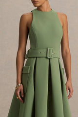 Elisia | Olive Crew-Neck Belted Midi Dress
