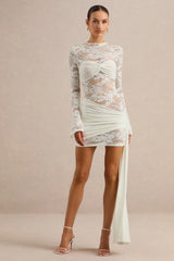 Milavia | White Lace Crew-Neck Mini Dress With Wrap & Sash Detail