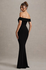 Law Of Attraction | Black Bardot Draped Split Maxi Dress