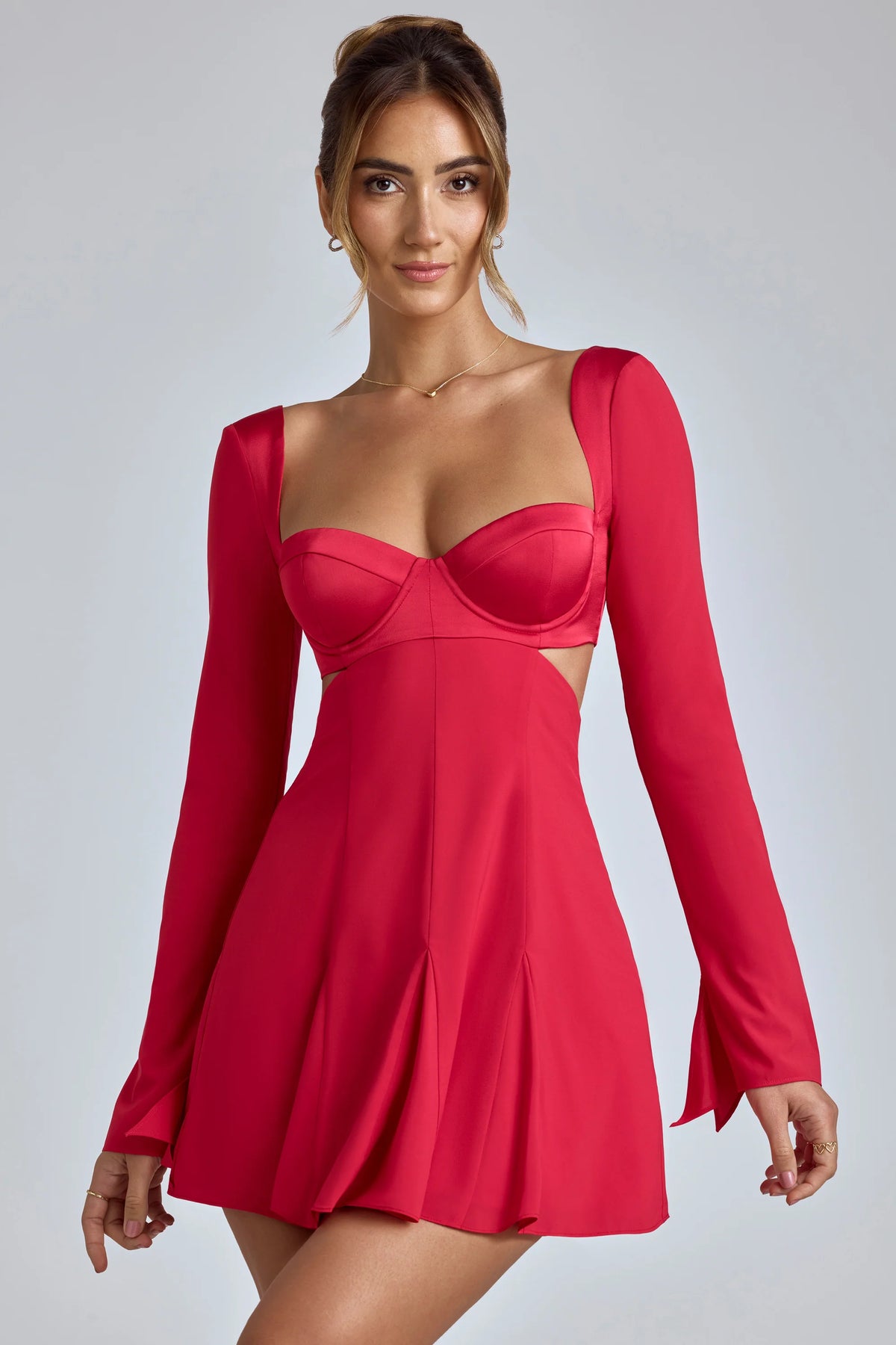 Long Sleeve Godet Mini Dress In Cherry Red
