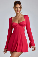 Long Sleeve Godet Mini Dress In Cherry Red