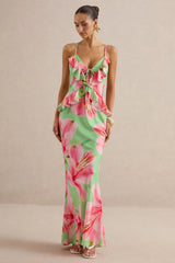 Marlen | Green Floral Print Satin Plunge-Neck Maxi Dress With Ruffled Detailing