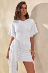 Empressa | White Lace Round-Neck Mini Dress With Wrap-Detail