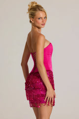 Satin Corset Fringed Mini Dress In Fuchsia Pink