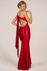 Asymmetric Tie-Back Gown In Cherry