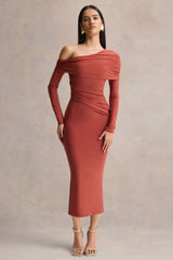 Elliora | Rust Asymmetric-Neck Midi Dress
