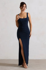 Kate | Navy Square Neck Maxi Dress With Plunge Back And Side Thigh Split