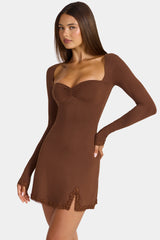 Modal Lace-Trim Long-Sleeve Mini Dress In Cocoa Brown