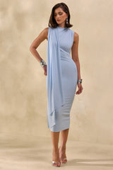 Oleandra | Light Blue High-Neck Midi-Dress With Draped-Detail