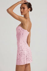 Sheer Embellished Square-Neck Mini Dress In Pink