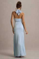 Sansa | Powder Blue Satin Cross Halter-Neck Plisse Maxi Dress