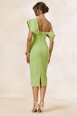 Adrina | Lime Draped One Shoulder Midi Dress