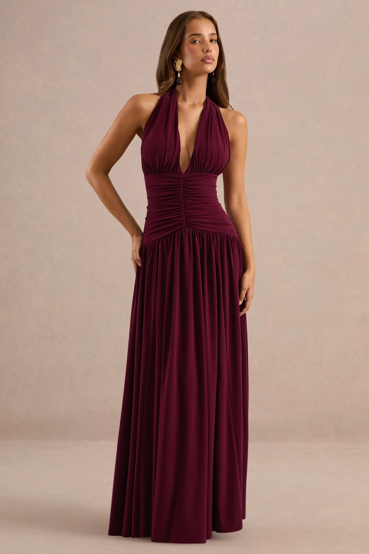 Bettina | Burgundy Plunge-Neck Maxi Dress With Gathered-Detailing