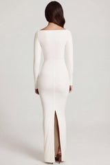 Soft Jersey Boat-Neck Tie-Gather Maxi Dress In White