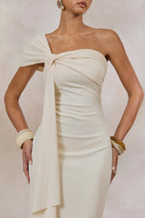 Airi | Cream Asymmetric-Neck Maxi Dress With Gathered Detailing And Sash