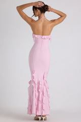 Ruffle-Trim Halterneck Gown In Soft Pink