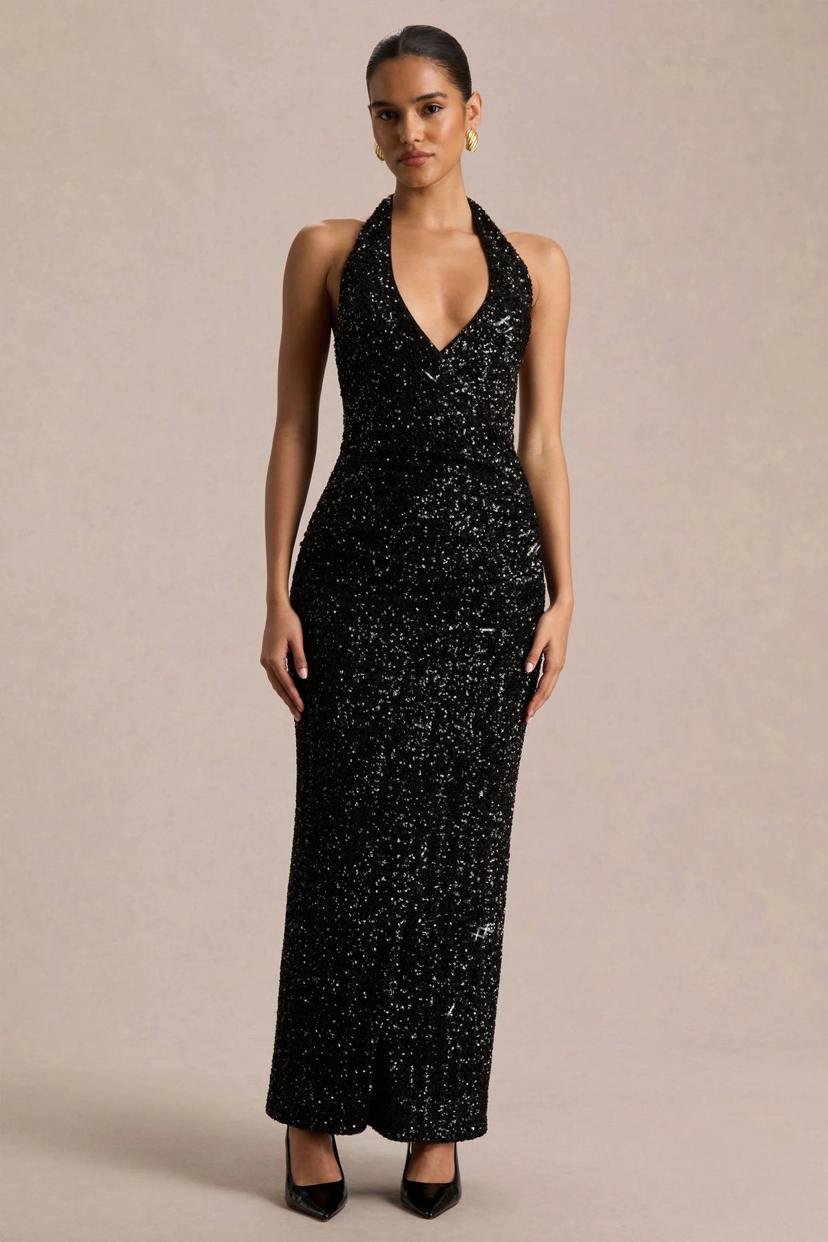 Gio | Black Sequin Plunge-Neck Wrap Maxi Dress With Ruched Detailing And Front Split
