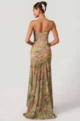 Ruched Asymmetric Corset Gown In Floral Multi Print