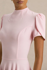 Vicky | Light Pink High Neck Midi Dress With Puff Sleeves