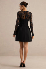 Aerin | Black High-Neck Mini Dress With Lace Sleeves