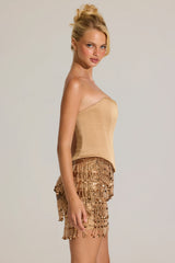 Satin Corset Fringed Mini Dress In Gold