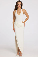 Deep Plunge Halterneck Maxi Dress In White