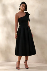 Meria | Black Asymmetric-Neck Midi Dress With Bow-Sleeve