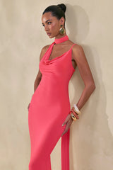 Kenza | Coral Asymmetric-Neck Maxi Dress With Scarf-Detail
