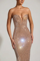 Embellished Strapless Plunge Gown In Honey