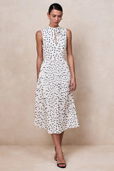 Avalon | White Polka Dot Scarf-Neck Midi Dress With Pleated Skirt