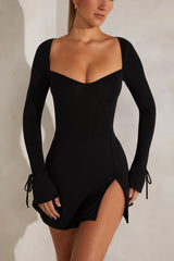 Long Sleeve A-Line Mini Dress In Black