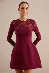 Aerin | Burgundy High-Neck Mini Dress With Lace Sleeves