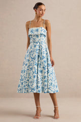 Devina | Blue Porcelain Print Square-Neck Belted Midi-Dress