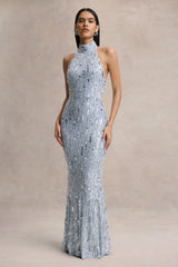Zaira | Silver Sequin High-Neck Maxi Dress With Open-Back