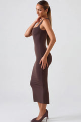 Square Neck Midi Dress In Chocolate Brown